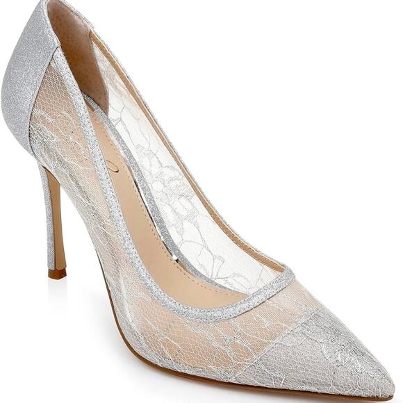 JEWEL BADGLEY MISCHKA GIA LACE EVENING PUMPS IN SILVER NWOB WOMEN'S‎ SIZE 8.5 - Picture 1 of 13